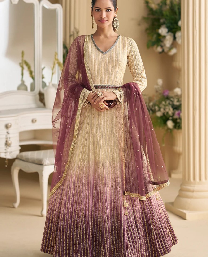 PURPLE - Cream Chikankari Embroidered Wedding Festive Anarkali Gown